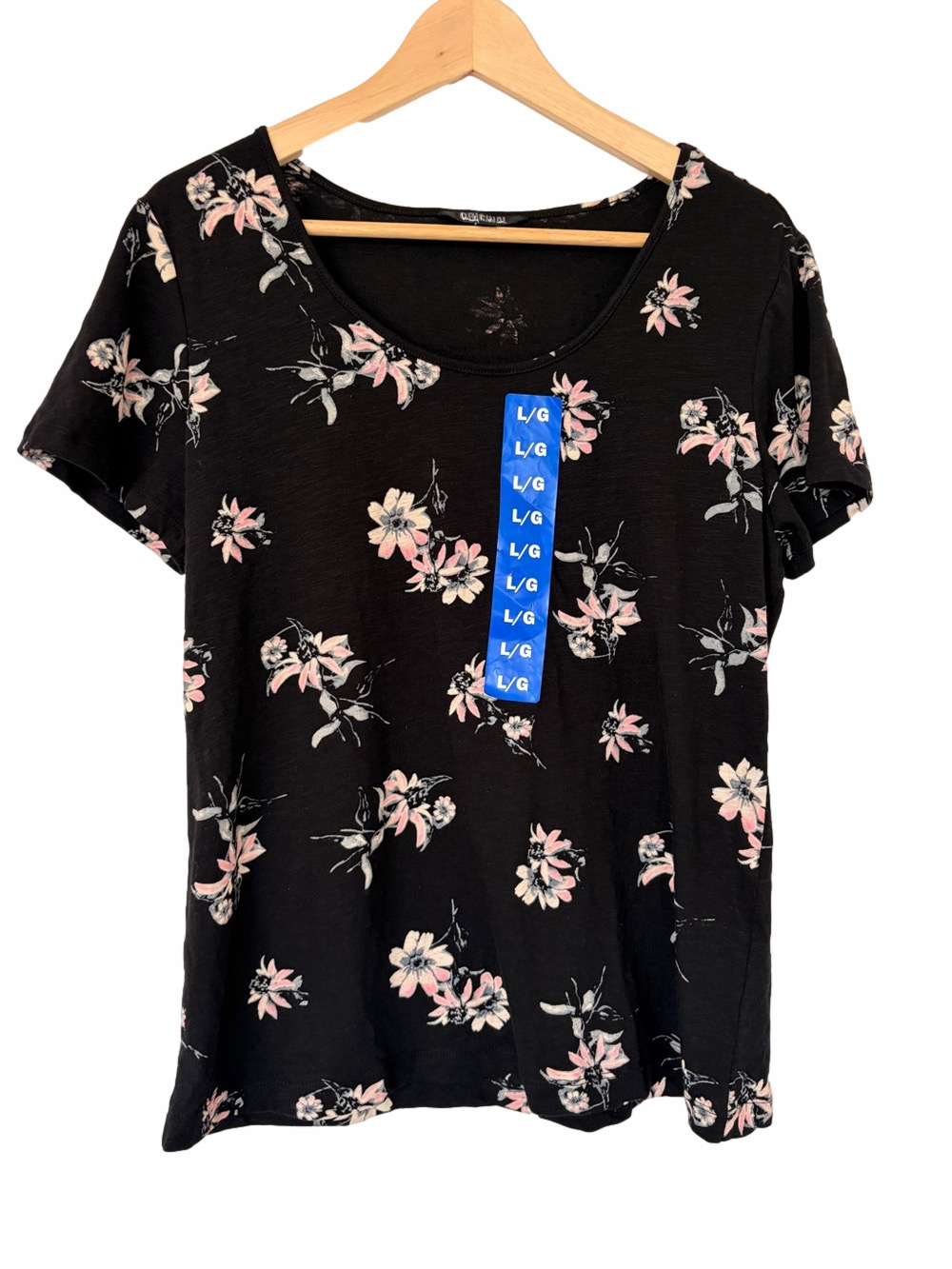 NICOLE MILLER ORIGINAL BLACK/PINK FLORAL SCOOP NECK COTTON BLEND TOP/TEE, LARGE